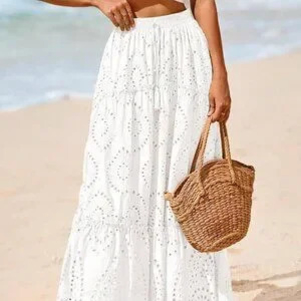 ZARA White Boho Women's Tiered Flowy Maxi Skirt with Lace Embroidery